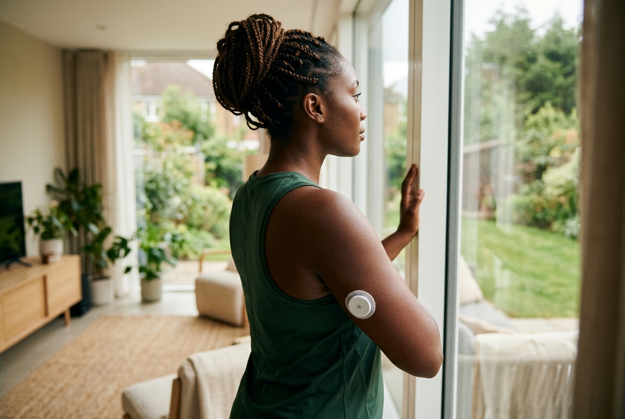 A woman looking out a window with a continuous glucose monitor correctly placed on the back of her upper arm.