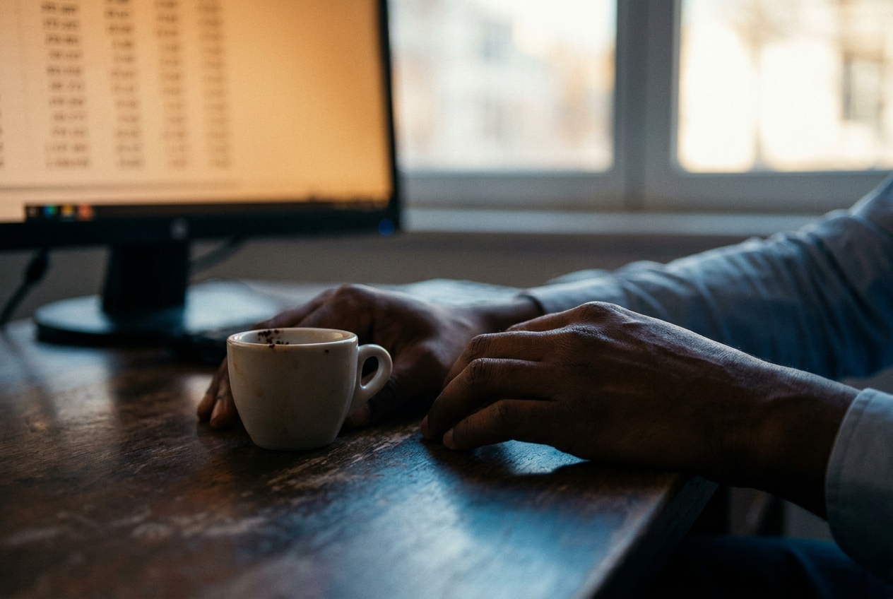 Close-up of exhausted hands resting on an office desk next to an empty espresso cup.