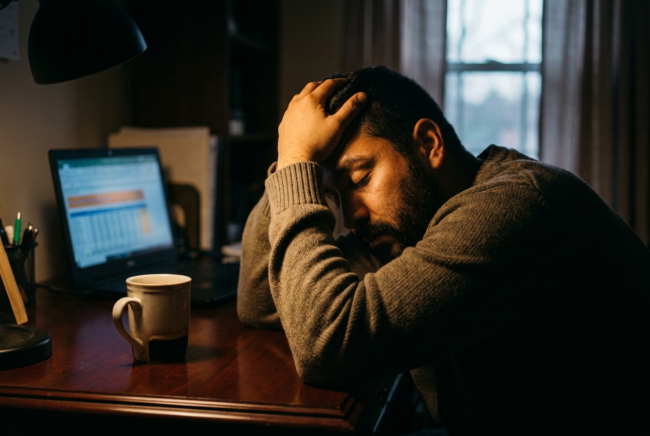 Close-up of a Latino man rubbing his temples in exhaustion at a wooden desk with a laptop.