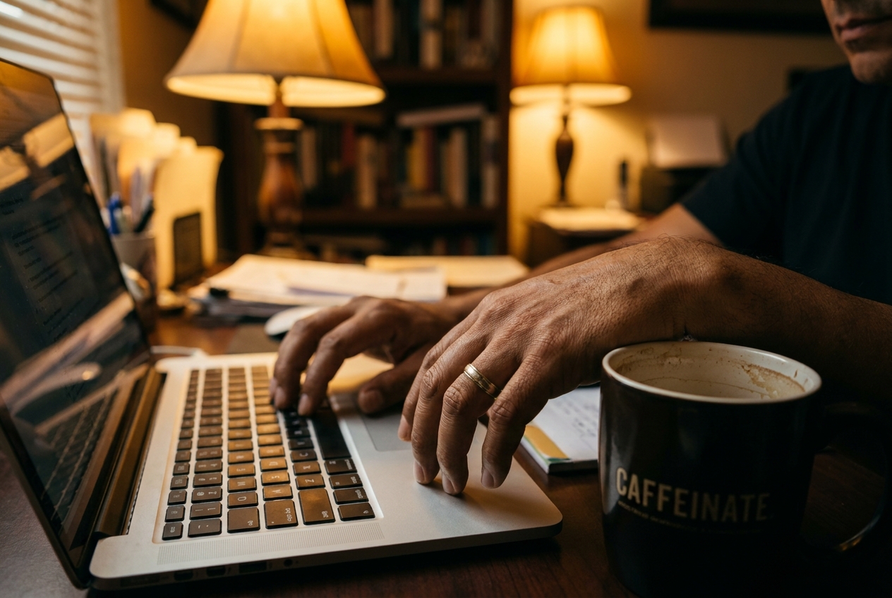 Hands resting heavily on a laptop keyboard near a coffee cup, illustrating fatigue.
