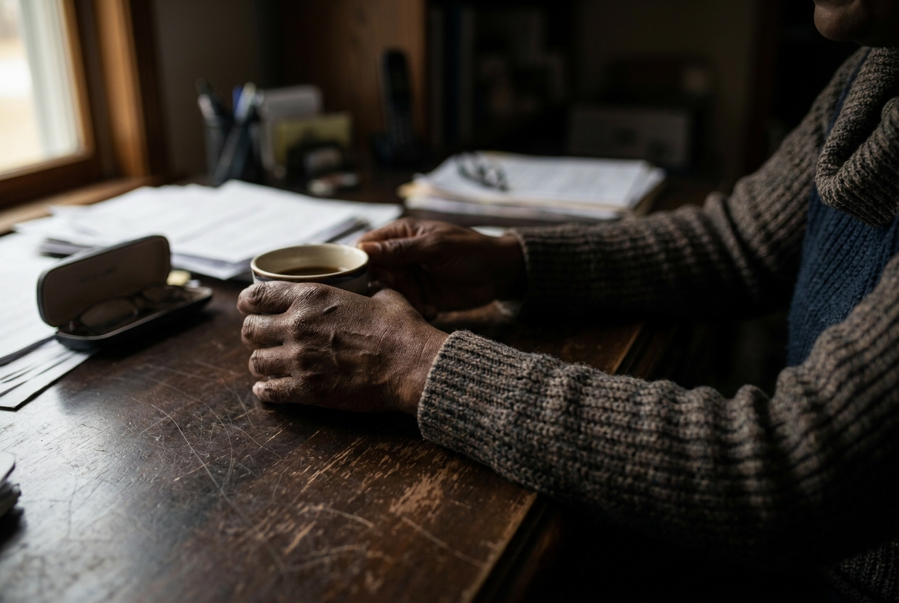 Tired hands resting on a wooden desk next to a half-empty coffee mug.