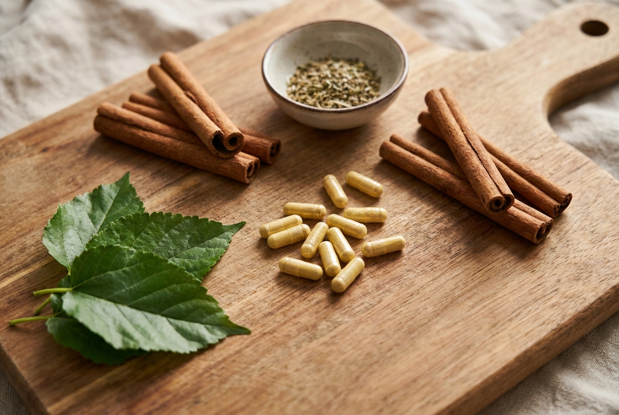 Cinnamon sticks, mulberry leaves, and supplement capsules arranged on a wooden board