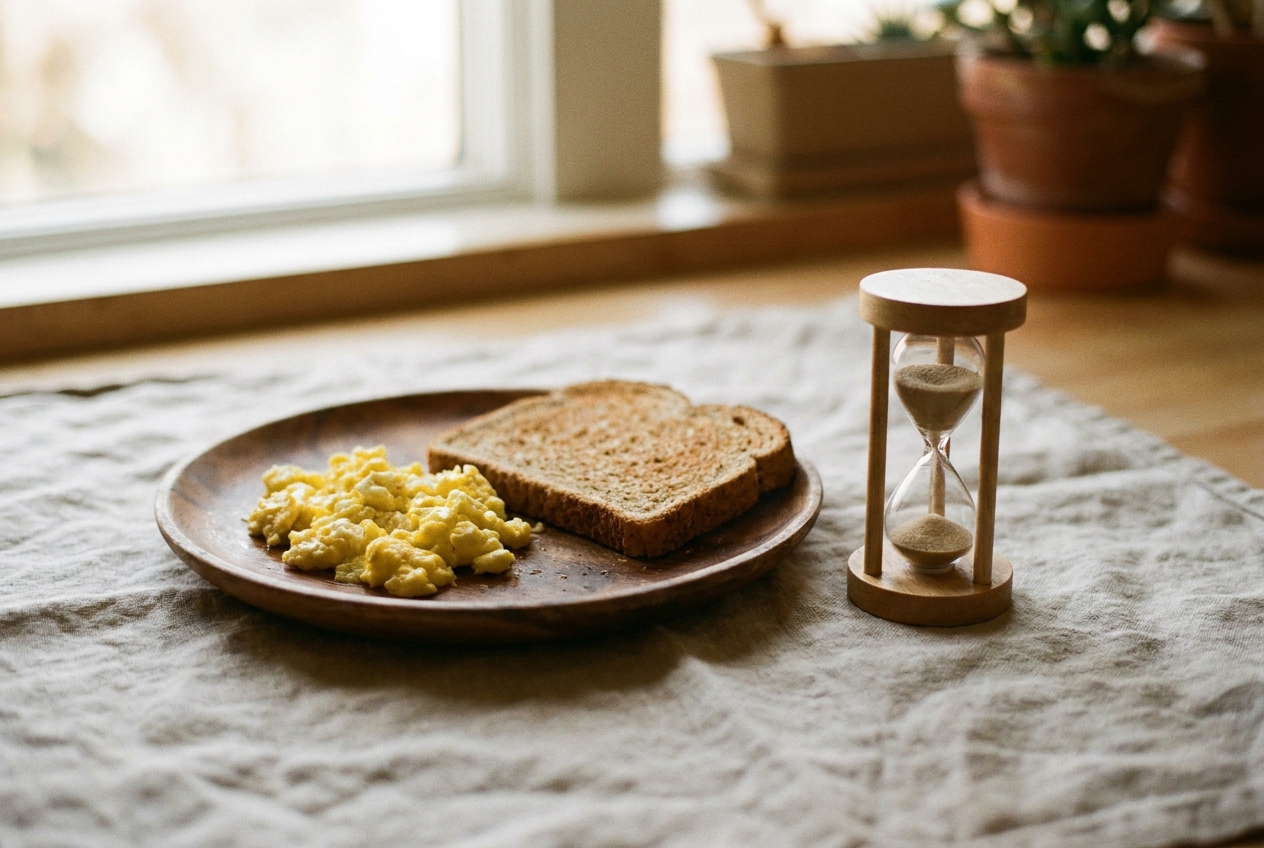 A breakfast plate beside an hourglass, symbolizing slower digestion