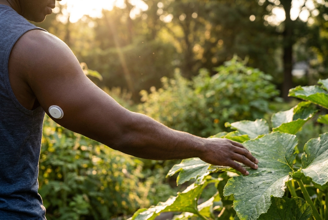 African American man with a continuous glucose monitor on his tricep touching a large green leaf.