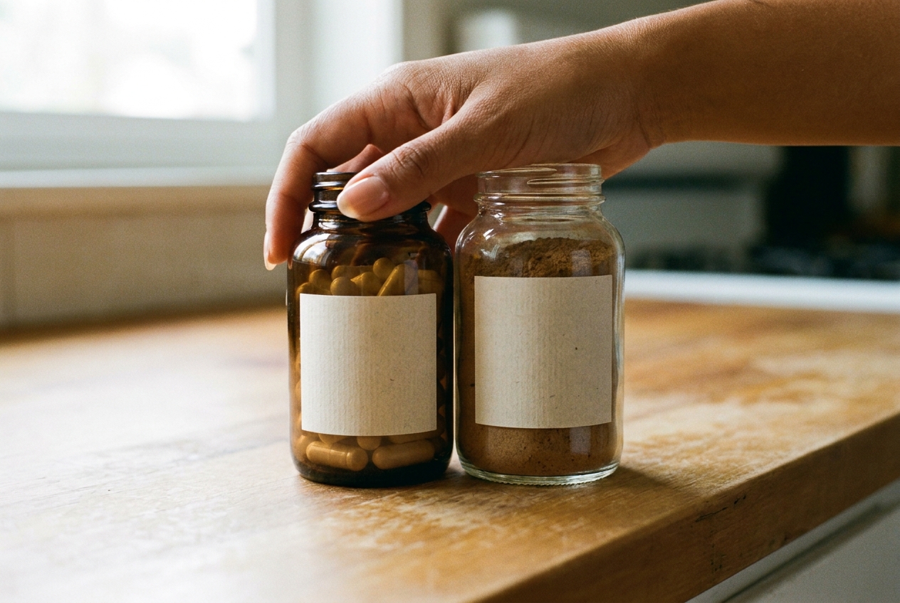 Does Chromium Picolinate Actually Help Blood Sugar? Here's What the Human Studies Show Hand comparing two supplement bottles side by side on a kitchen counter