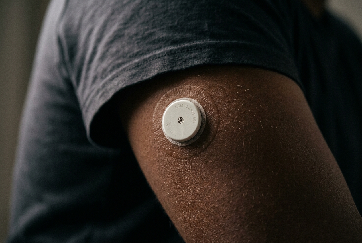 Macro photograph of a round continuous glucose monitor adhered to the back of an upper arm.