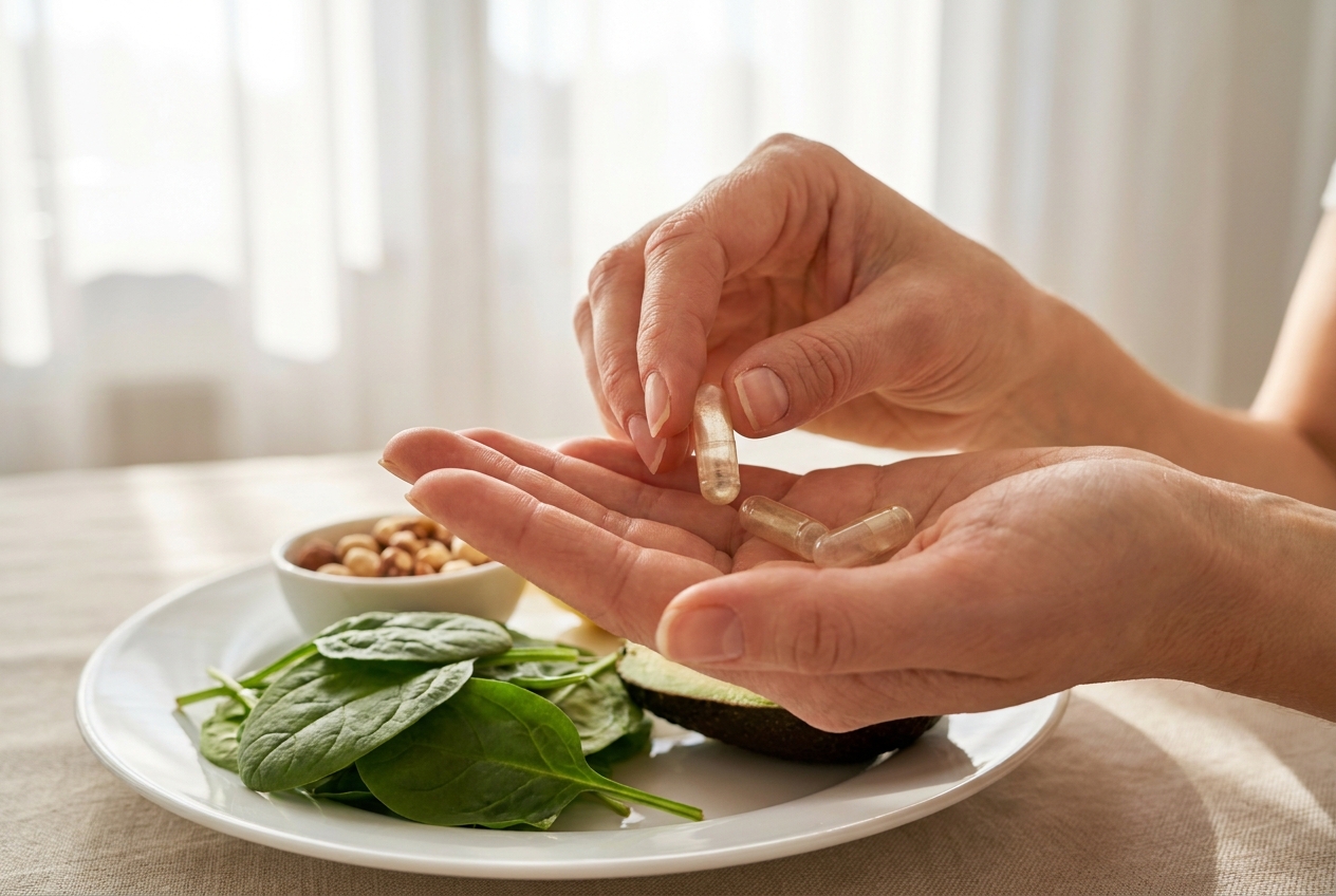 Hands holding two supplement capsules over a plate of leafy greens and avocado.
