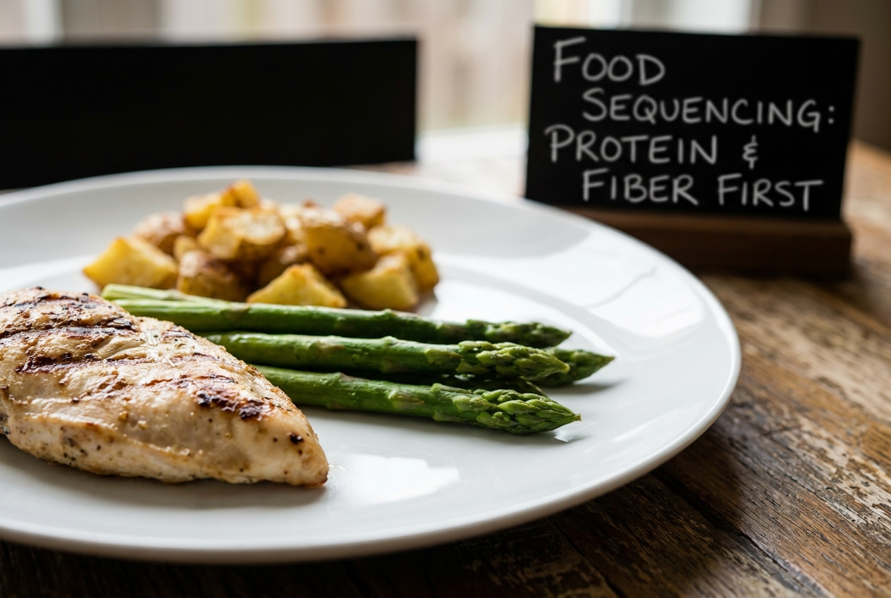 A plated meal focusing on asparagus and chicken, with potatoes blurred in the background.