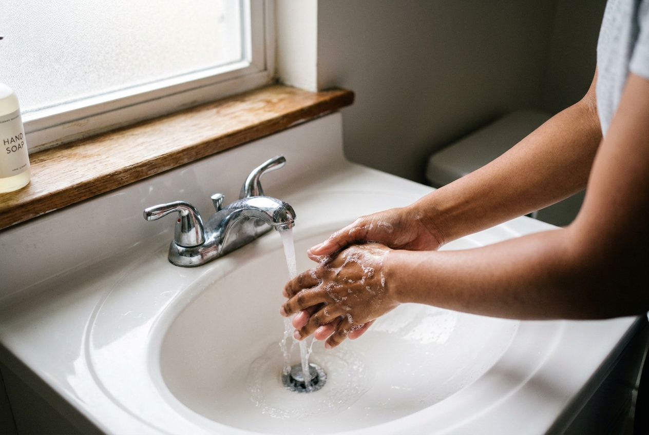 Close-up of hands being washed at a sink before a glucose test