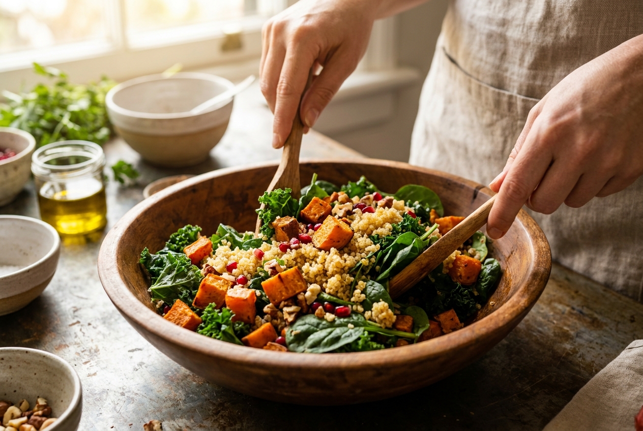 Hands tossing a healthy salad with sweet potatoes and quinoa in a wooden bowl.