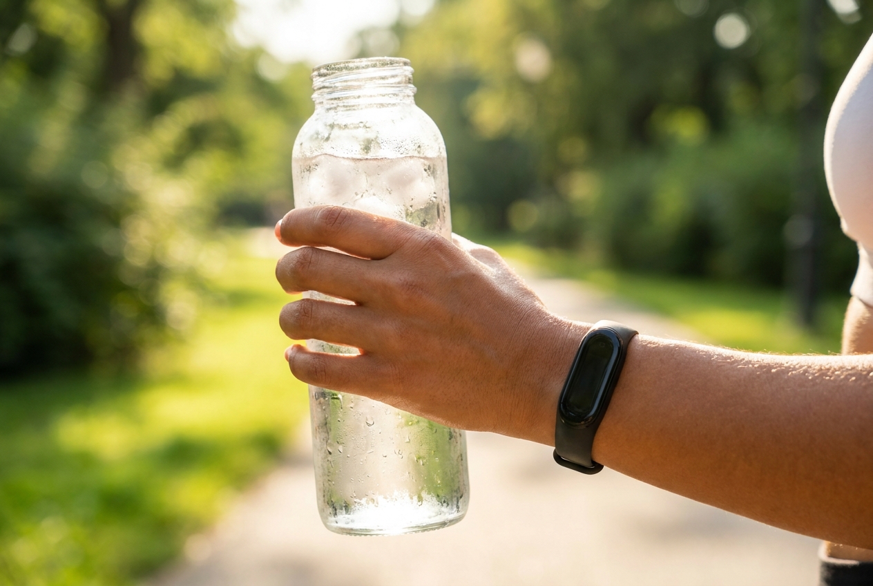 A hand gripping a condensation-covered glass water bottle outdoors.