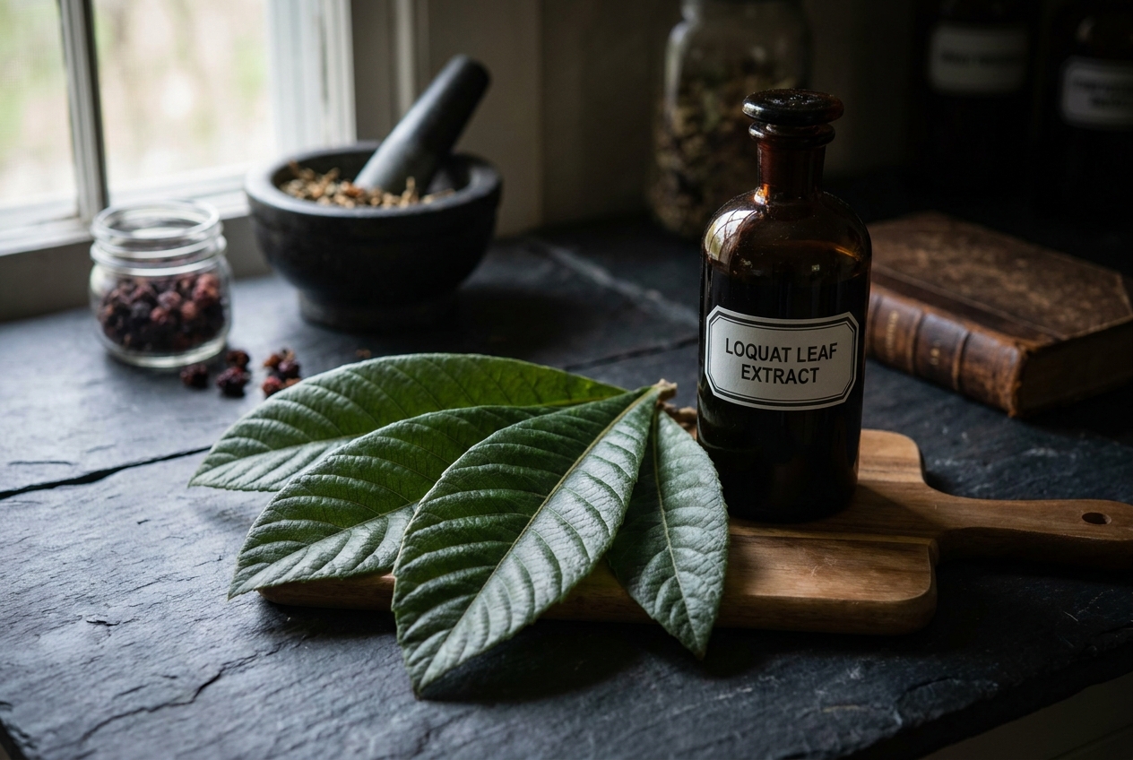Dark green loquat leaves resting on a slate surface next to an amber glass bottle.