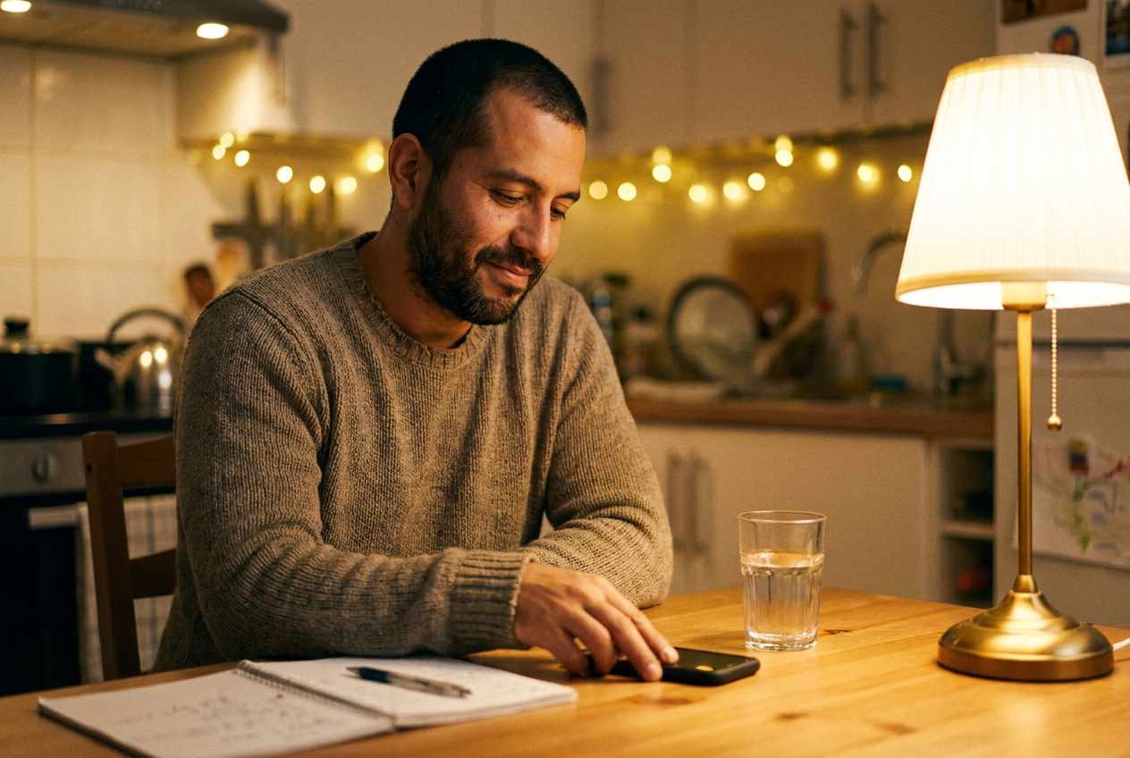 Man setting his phone down at the kitchen table with a relaxed, satisfied expression