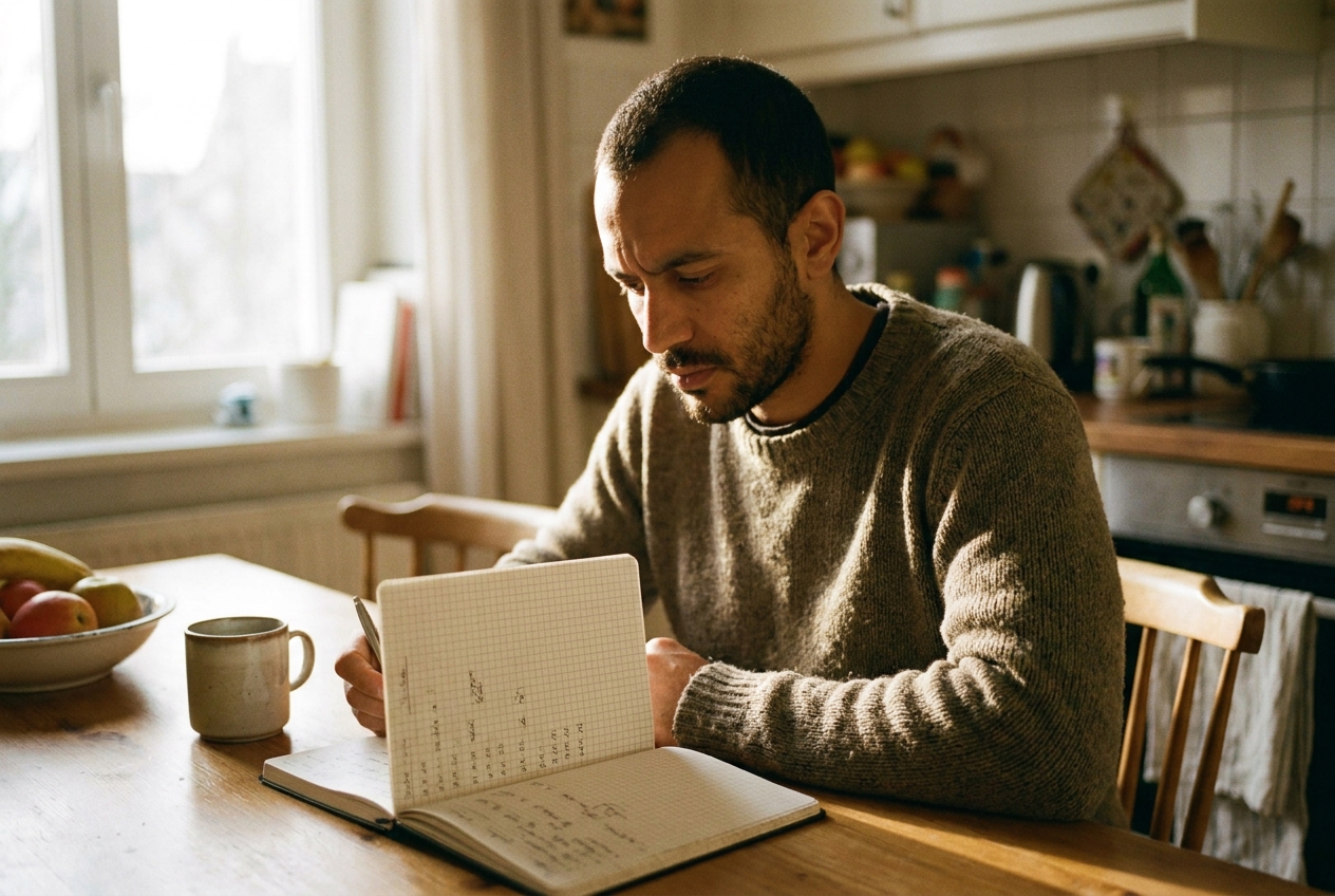 Man reviewing a paper log of glucose readings across several days at his kitchen table