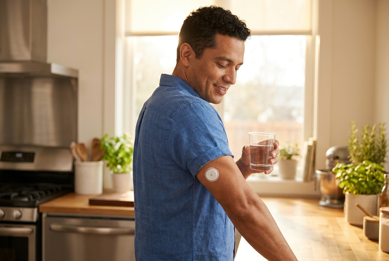 A man wearing a continuous glucose monitor on the back of his arm stands in a kitchen.