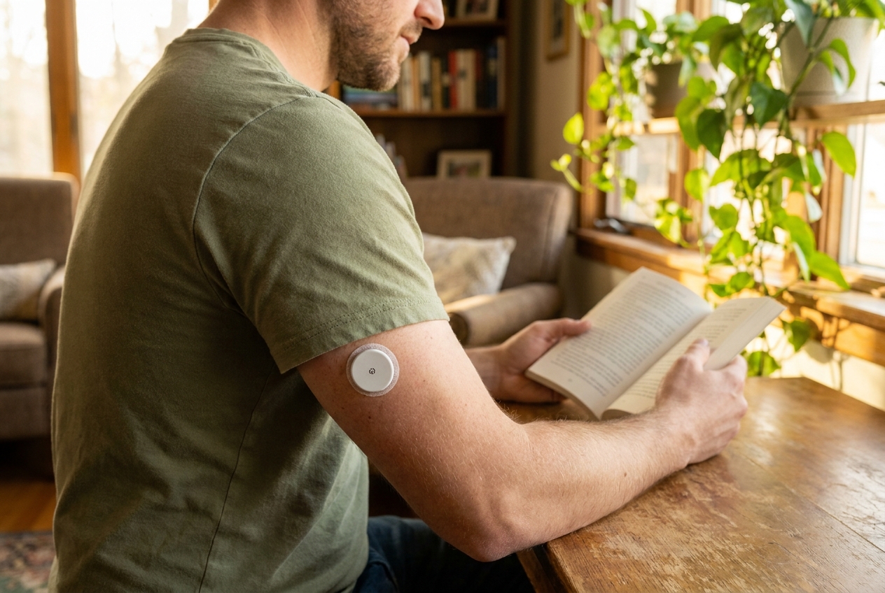 A man reading a book with a continuous glucose monitor correctly placed on his upper arm.