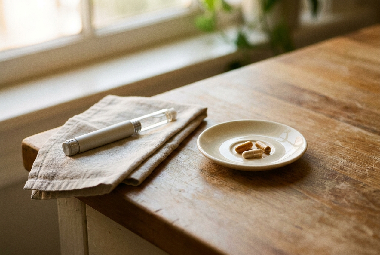 An unbranded injector pen and a small dish of supplement capsules on a counter