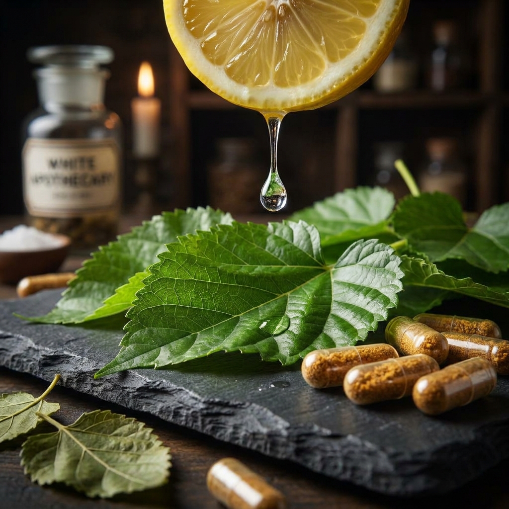 Fresh mulberry leaves, sliced lemon, and natural capsules arranged on a dark slate board.