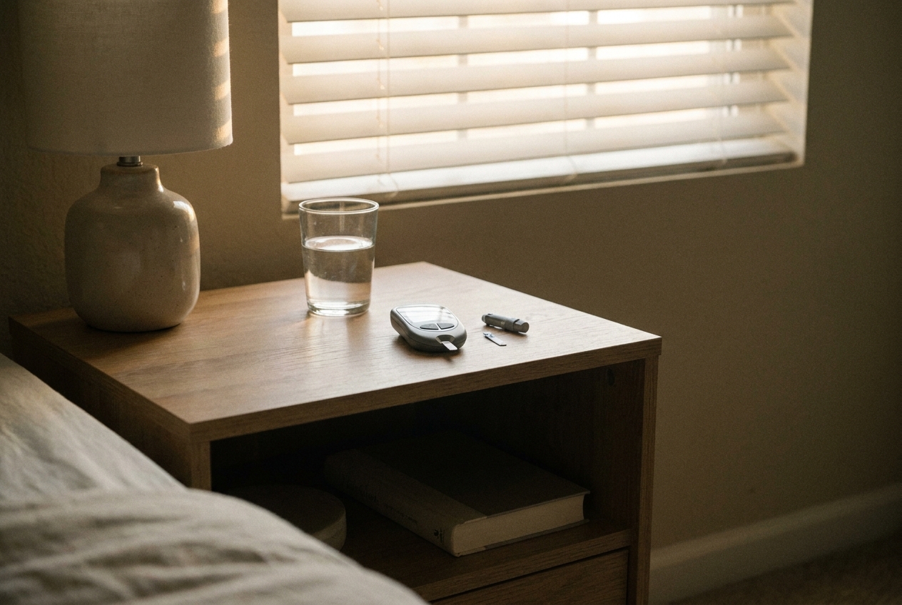 A glass of water and a glucometer kit on a nightstand at dawn, no food in sight