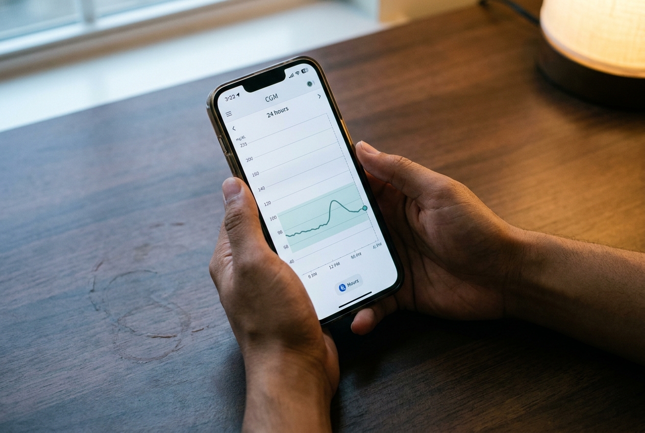 Hands holding a phone showing a mostly flat 24-hour glucose graph averaging around 98 mg/dL.