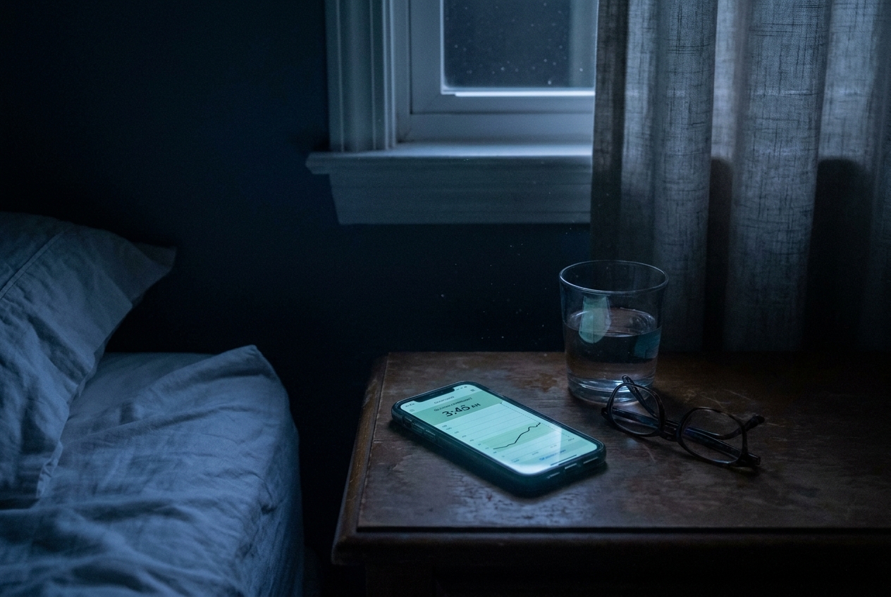 Pre-dawn bedroom with a phone on the nightstand showing a slowly rising overnight glucose line.