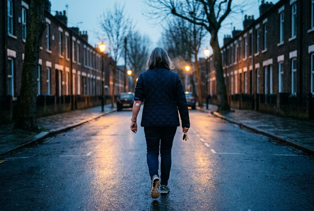 Person walking on a wet street at dusk after a meal, glucose sensor visible on the upper arm.