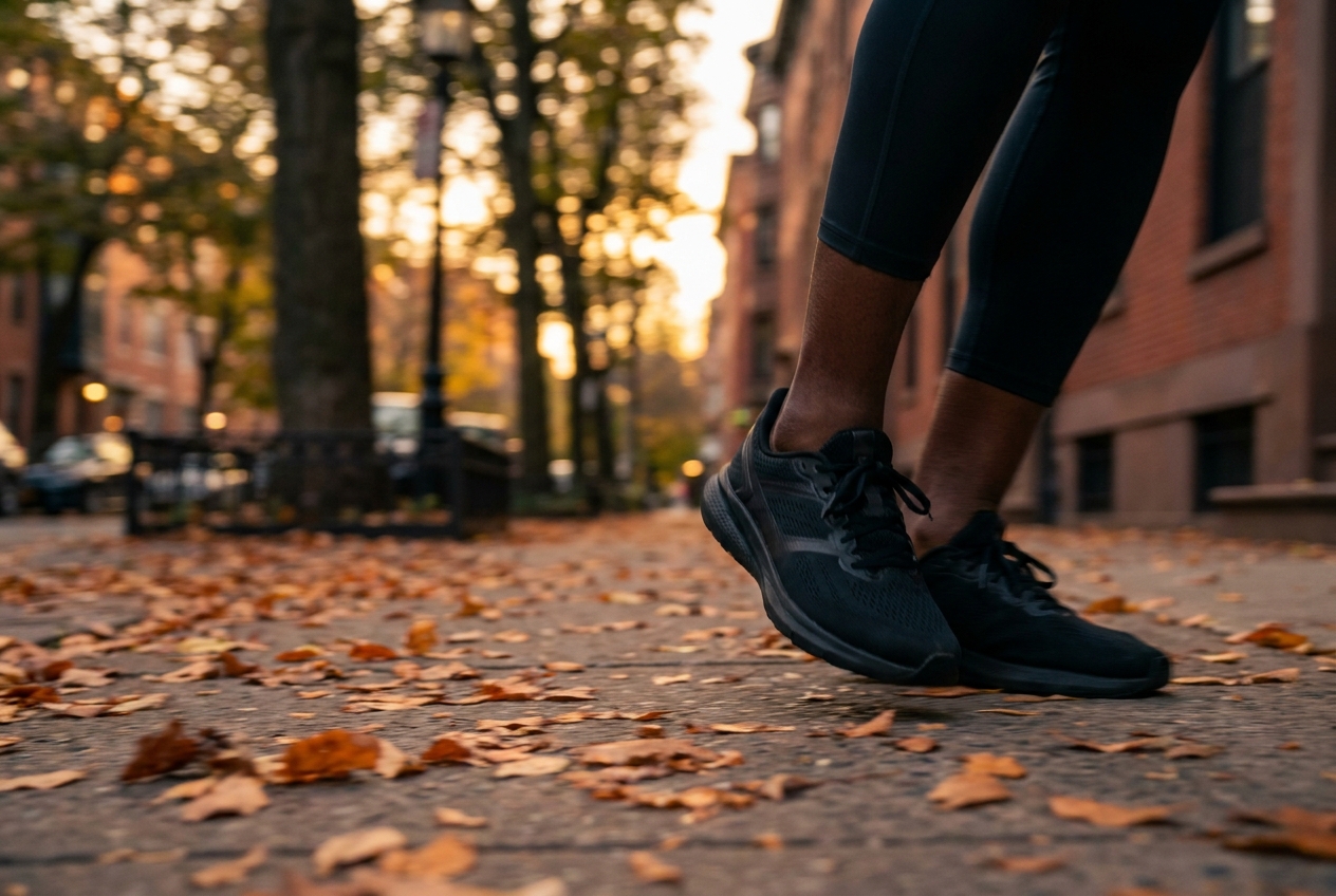 A person's legs walking confidently on a sidewalk wearing running shoes.