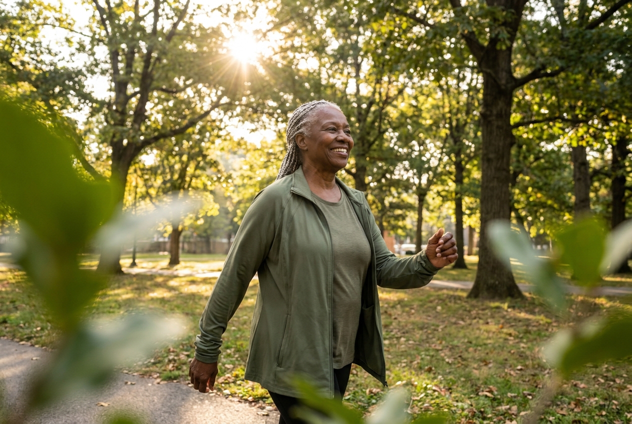 Older African American woman walking energetically through a sunny park.