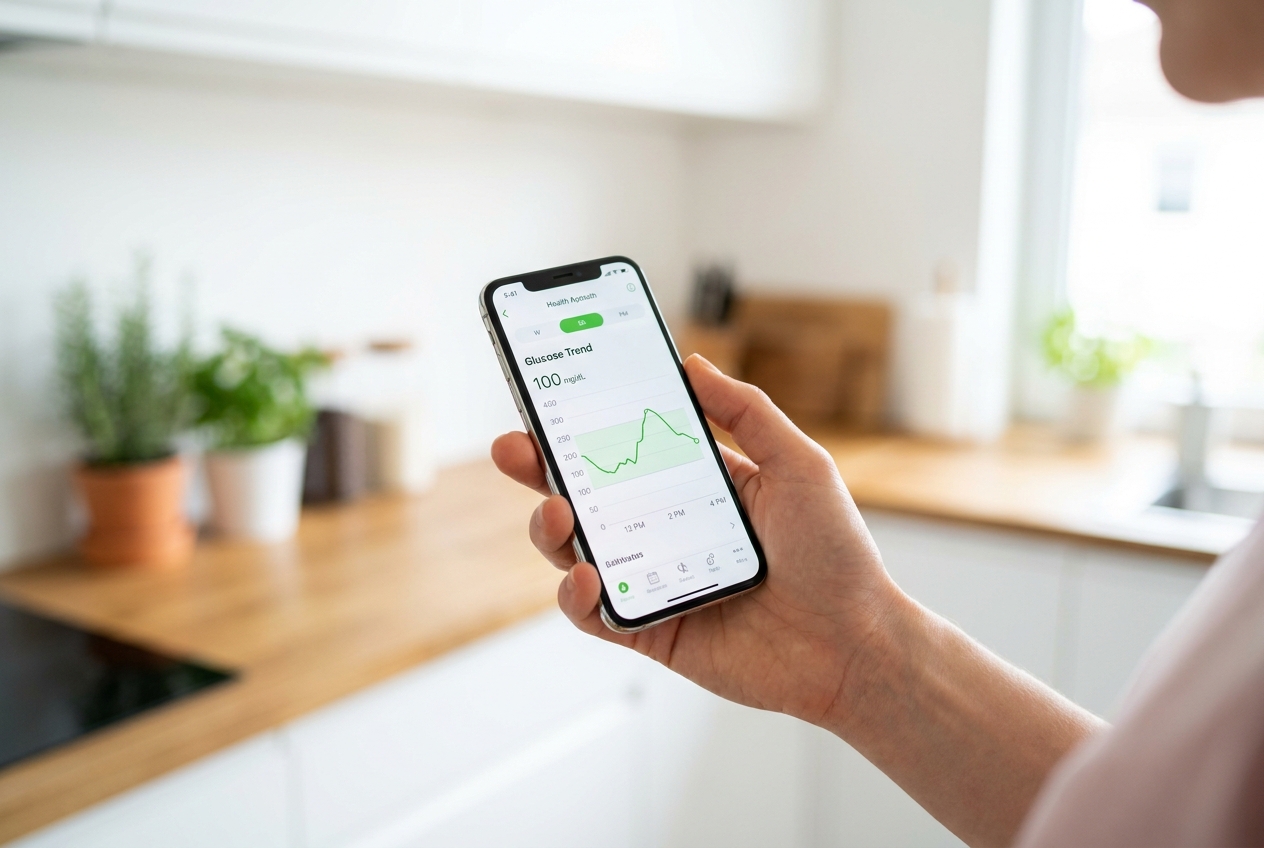A smartphone screen displaying a steady green blood sugar trend graph on a health app.