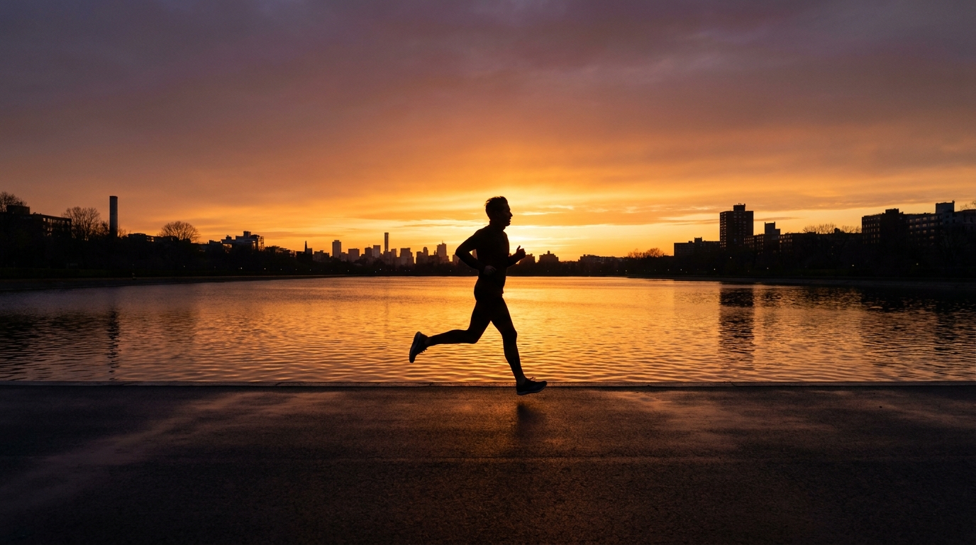 Silhouette of a person running along an urban reservoir during a golden sunset.