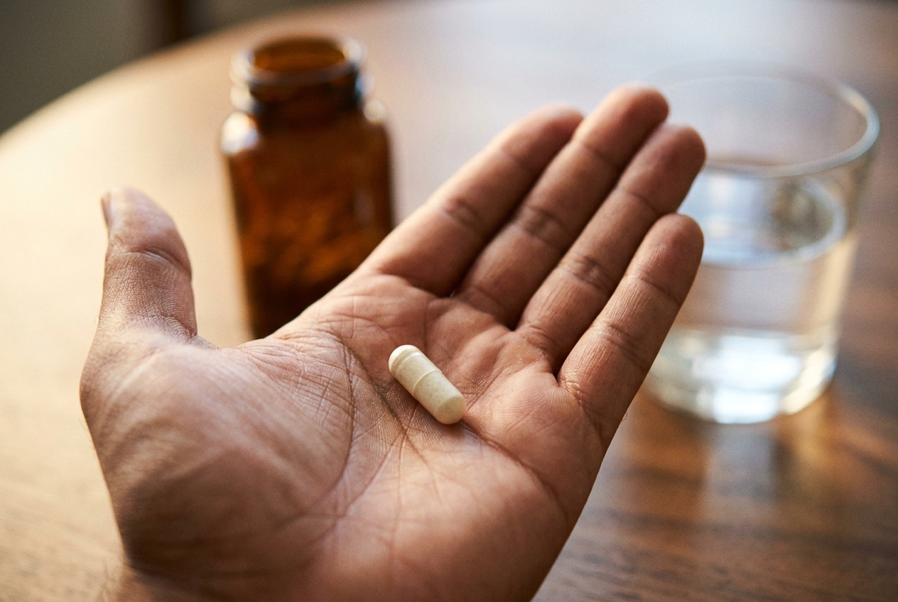 Does Chromium Picolinate Actually Help Blood Sugar? Here's What the Human Studies Show A single supplement capsule resting on an open palm beside a glass of water