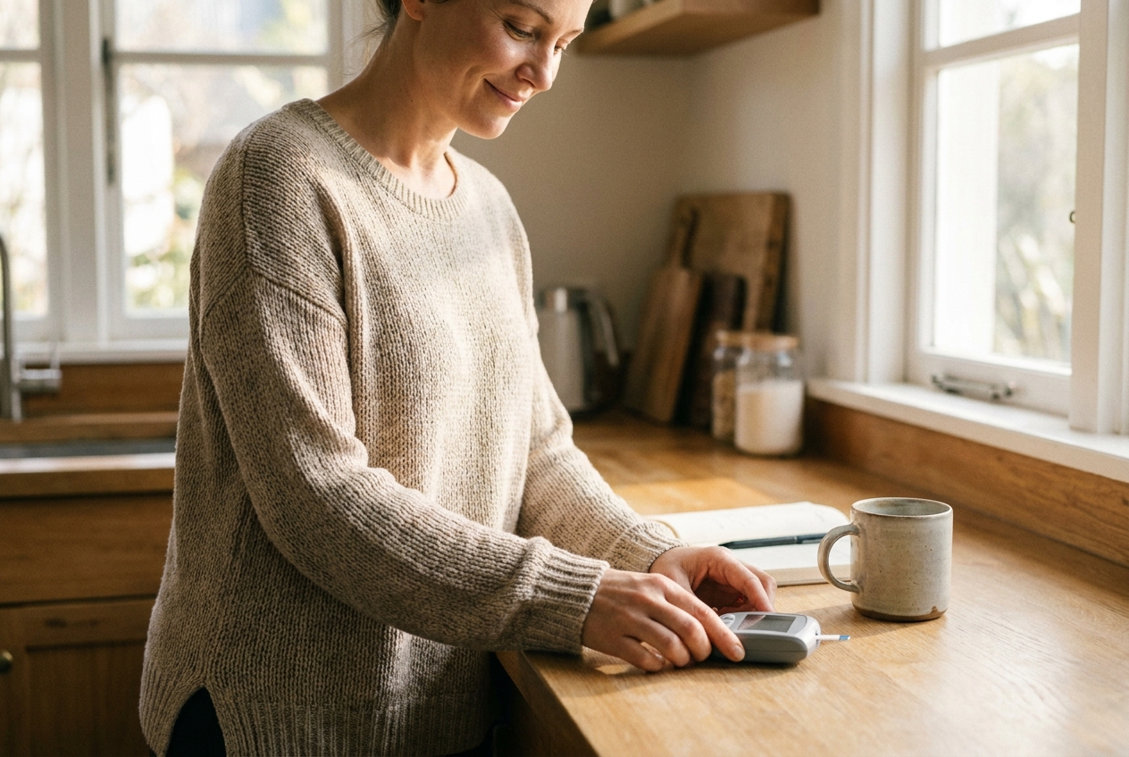 Woman setting down a glucometer on a kitchen counter with a relaxed, satisfied expression