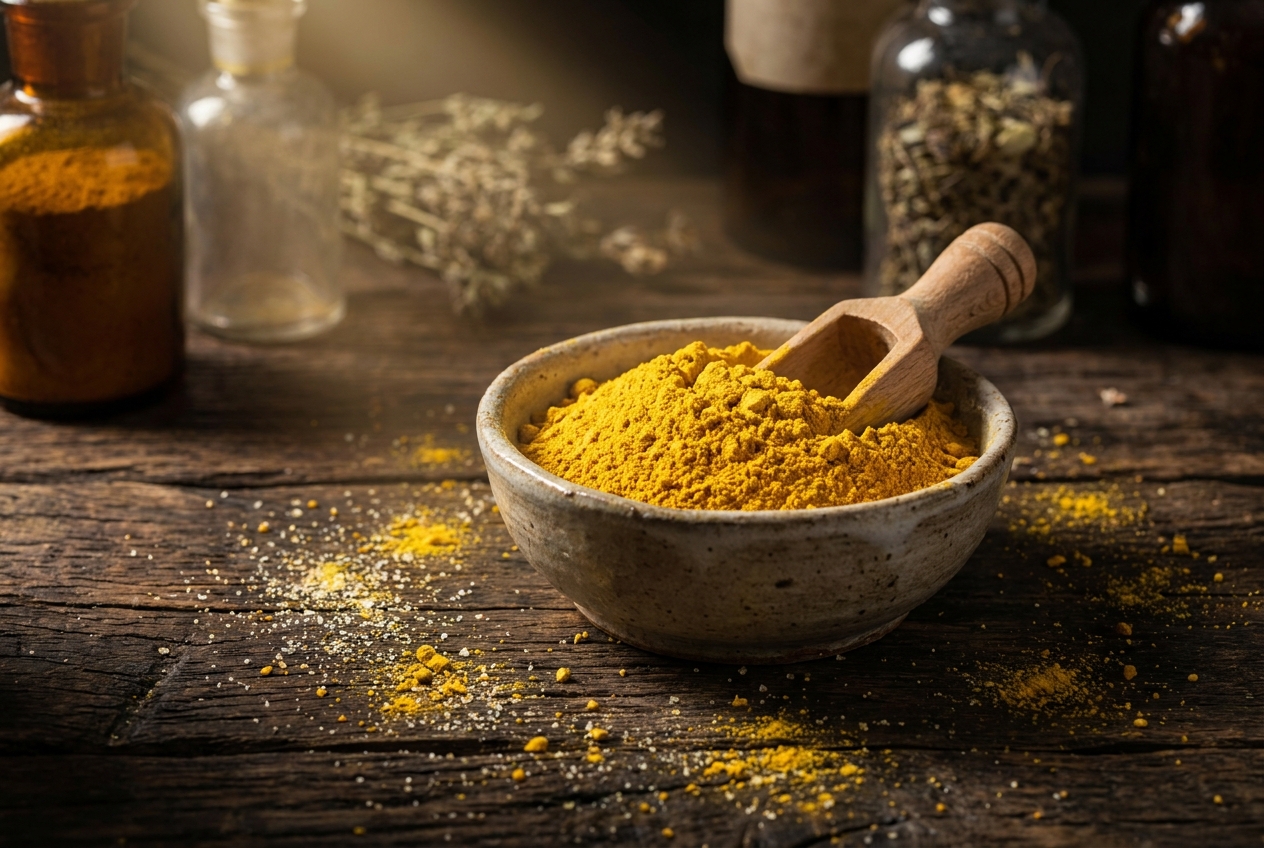 Vibrant yellow berberine powder overflowing from a rustic ceramic bowl with a wooden scoop.