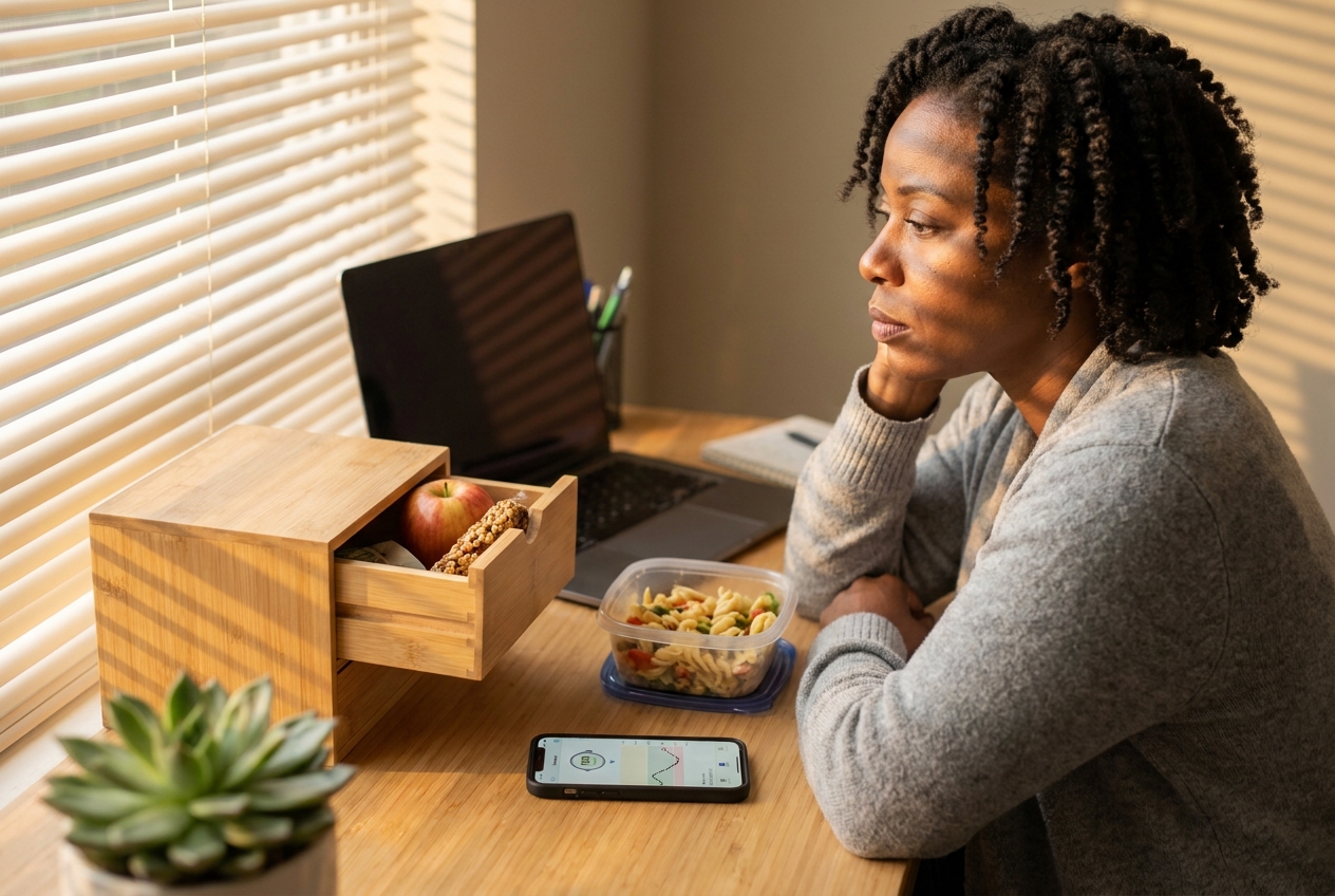 Woman at a desk mid-afternoon eyeing leftover lunch while her phone shows a glucose dip