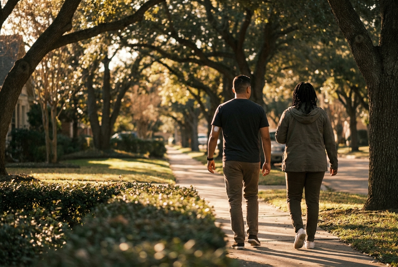 Two adults taking a relaxed walk after dinner on a tree-lined sidewalk at golden hour