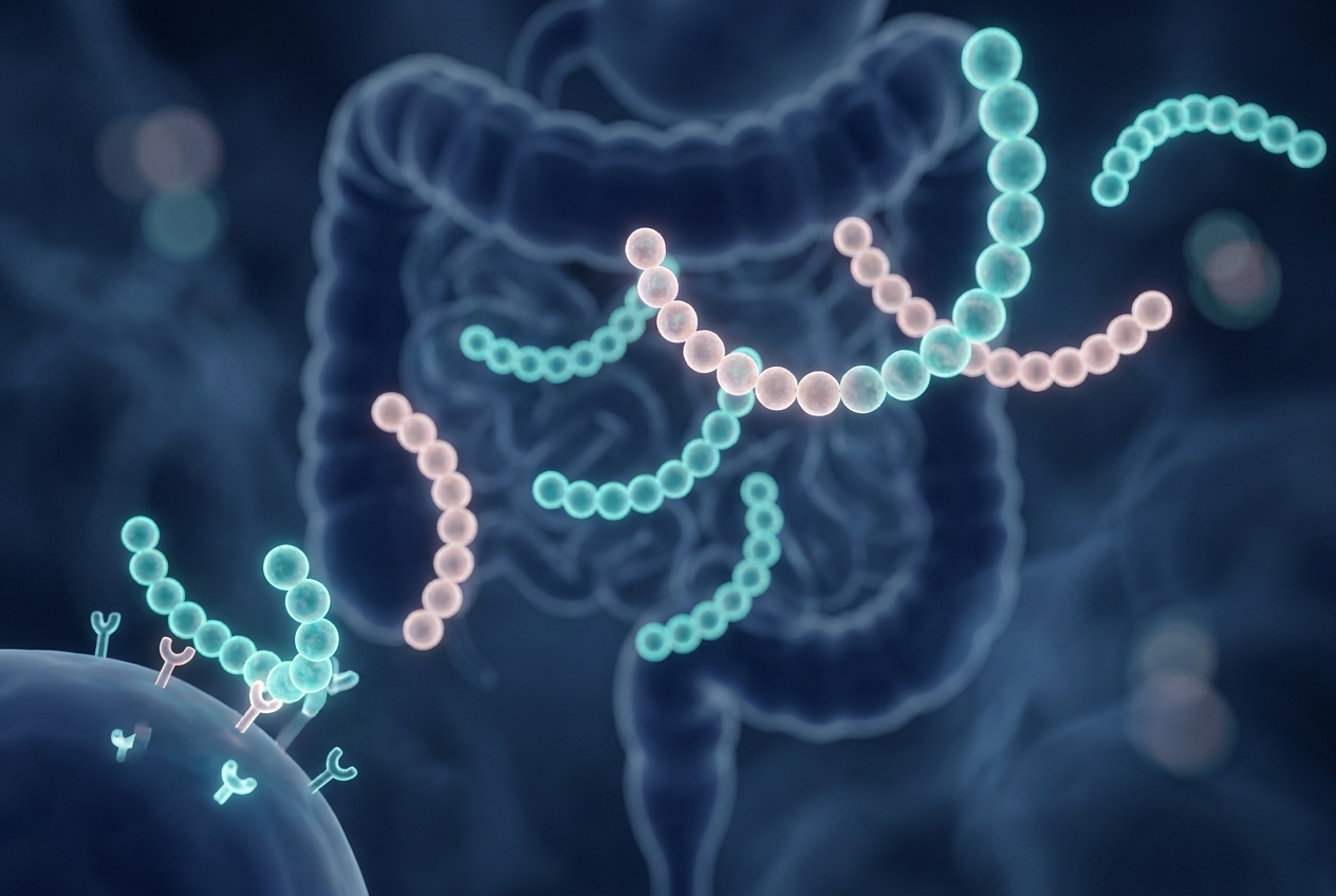 How Do Peptides Affect Blood Sugar? Abstract glowing peptide chains signalling between gut and pancreas in a stylized cross-section