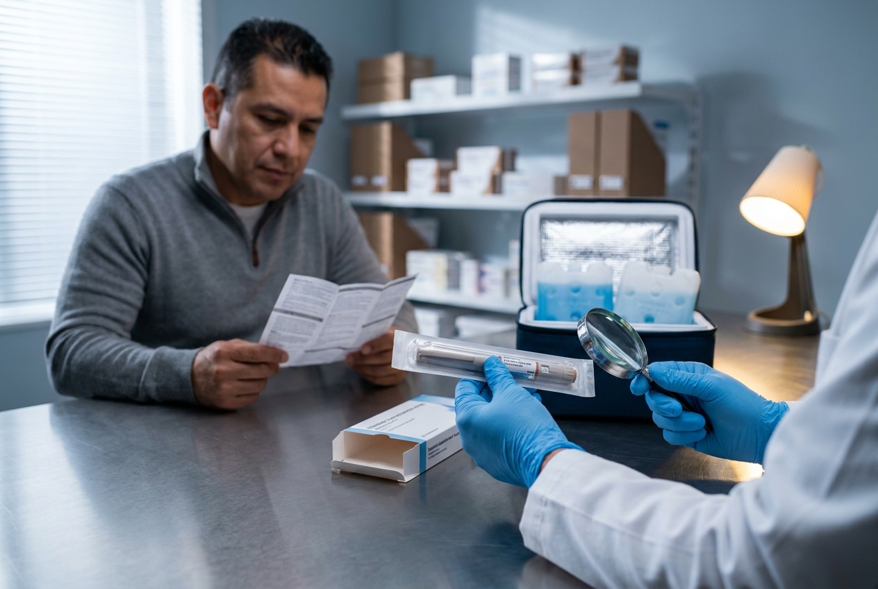 How Do Peptides Affect Blood Sugar? Pharmacy counter with a sealed injection pen, cooler packs and a pharmacist explaining a leaflet