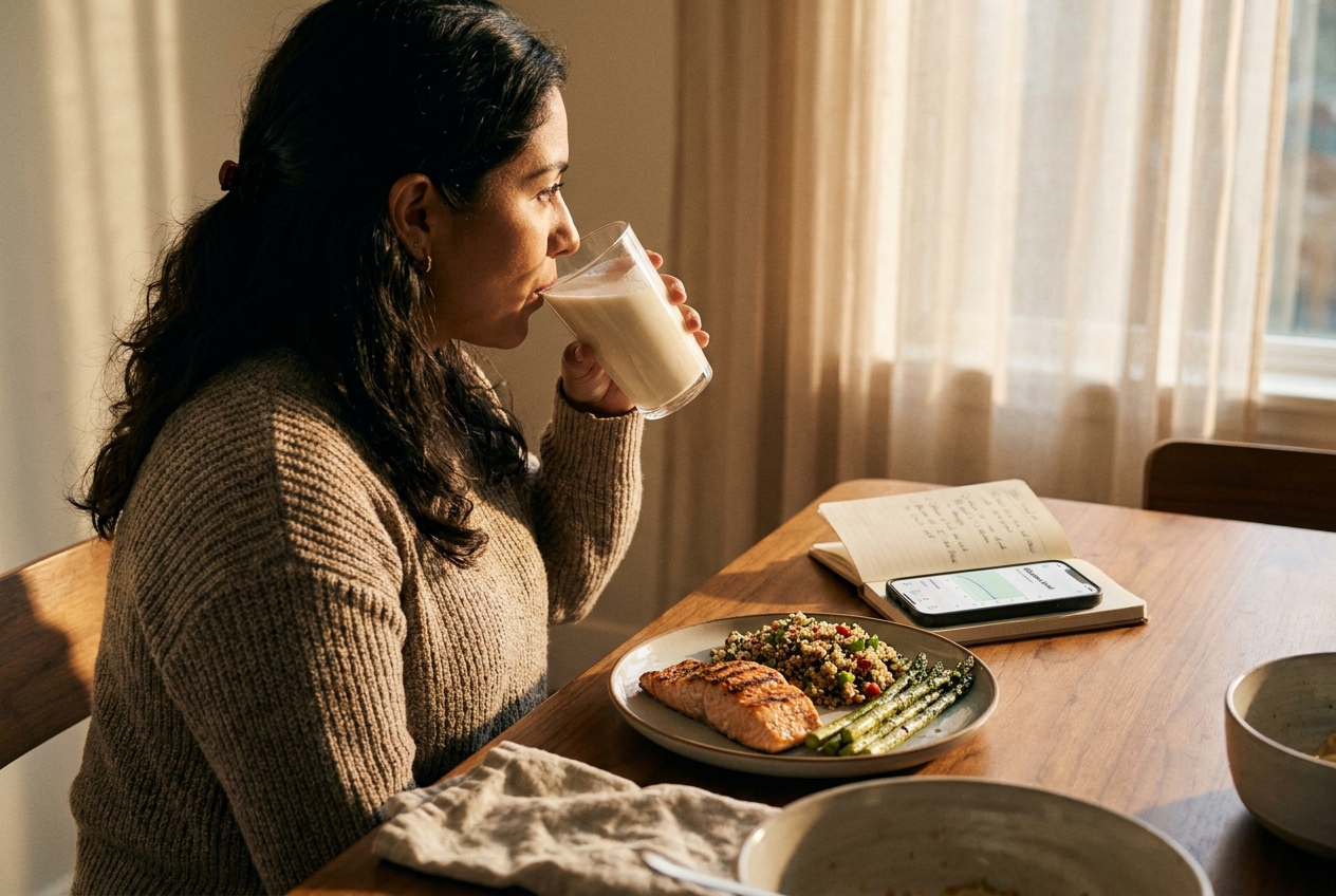How Do Peptides Affect Blood Sugar? Woman about to drink a protein preload beside a balanced lunch and a glucose tracking app